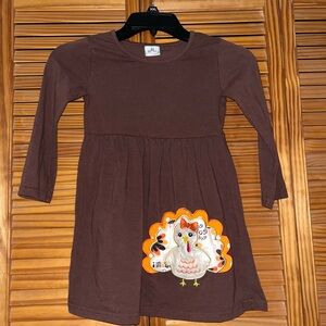 BMG Girl’s Long Sleeve Brown Dress With Turkey Appliqué